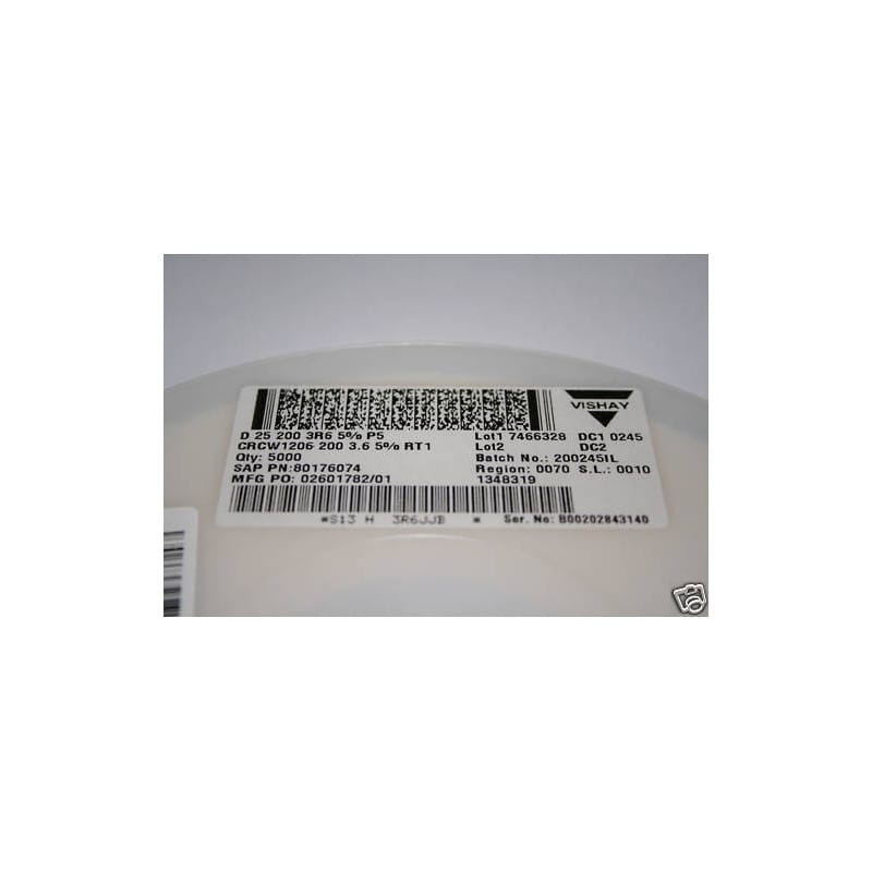 [200418342254] Bobine de Résistances CMS / SMD 3,6 Ω (3R6) 5% 0,25 W (1/4 W) Format 1206 (3216 Métrique) Vishay Dale / Draloric Série CRCW (Marquage 3R6 / Code usine JJB)