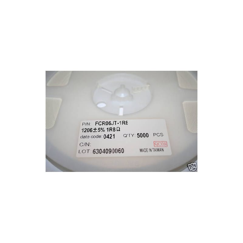 [200418341295] Bobine de 5 000 Résistances CMS / SMD 1,8 Ω (1R8) 5% 0,25 W (1/4 W) Format 1206 (3216 Métrique) Série FCR (Réf. FCR06JT-1R8)