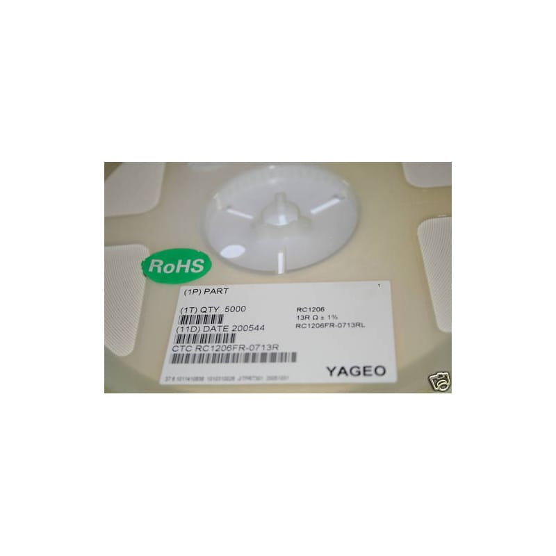 [190358363756] Bobine de 5 000 Résistances CMS / SMD 13 Ω (13R) 1% 0,25 W (1/4 W) Format 1206 (3216 Métrique) Yageo Série RC – Réf. RC1206FR-0713RL