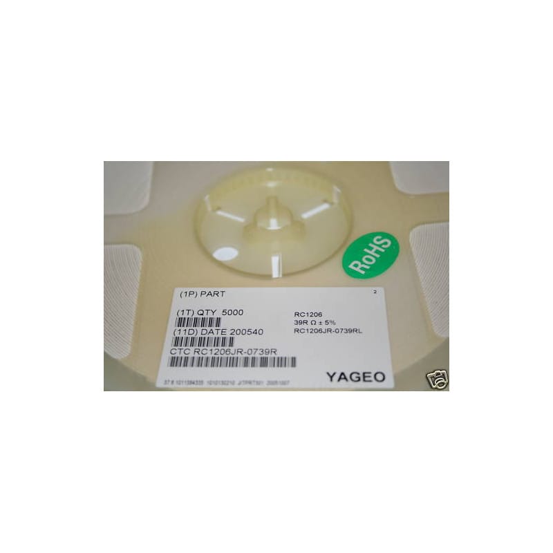 [200418339903] Bobine de 5 000 Résistances CMS / SMD 39 Ω (39R) 5% 0,25 W (1/4 W) Format 1206 (3216 Métrique) Yageo Série RC – Réf. RC1206JR-0739RL