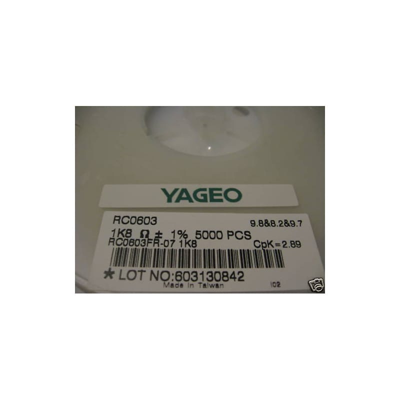 [190357313976] Bobine de 5 000 Résistances CMS / SMD 1,8 kΩ (1K8 / 1K80) 1% 0,10 W (1/10 W) Format 0603 (1608 Métrique) Yageo Série RC – Réf. RC0603FR-071K8L