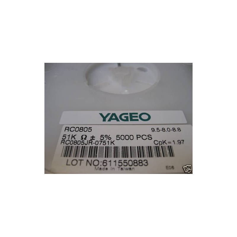[190357054230] Bobine de 5 000 Résistances CMS / SMD 51 kΩ (51K / 513) 5% 0,125 W (125 mW / 1/8 W) Format 0805 (2012 Métrique) Yageo Série RC – Réf. RC0805JR-0751KL
