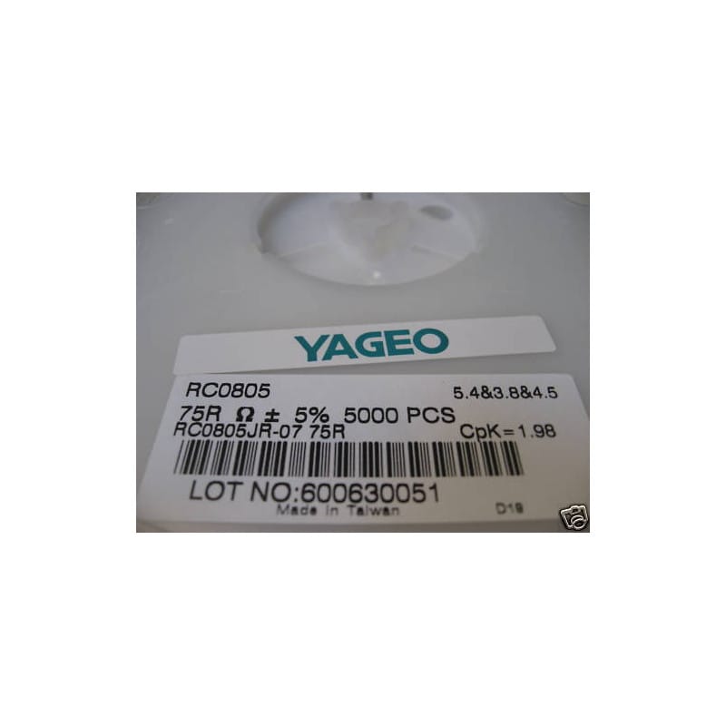 [190357052277] Bobine de 5 000 Résistances CMS / SMD 0,125 W (1/8 W) 75 Ω (75R / Code 750) 5% Format 0805 – Yageo Série RC (RC0805JR-0775RL)