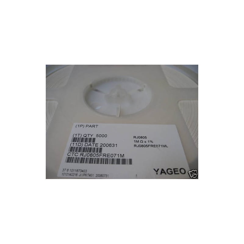 [190357017096] Bobine de 5 000 Résistances de Haute Précision CMS / SMD 0,125 W (1/8 W) 1 MΩ (1M / 1 000 000 Ω) 1% 50 ppm/°C Format 0805 – Yageo Série RJ (RJ0805FRE071ML)