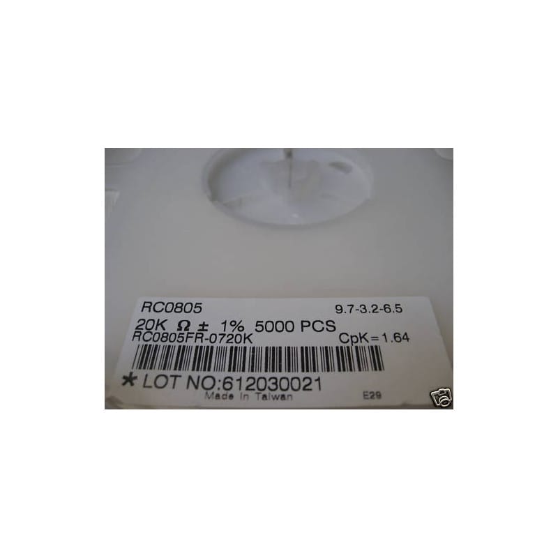 [200416535189] Bobine de 5 000 Résistances de Précision CMS / SMD 0,125 W (1/8 W) 20 kΩ (20K / 20 000 Ω) 1% Format 0805 – Yageo Série RC (RC0805FR-0720KL)
