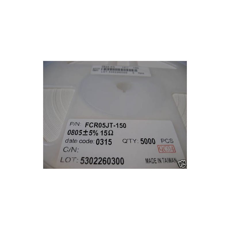Bobine de 5 000 Résistances CMS / SMD 0,125 W (1/8 W) 15 Ω (15R / Code 150) 5% Format 0805 – Yageo Série FCR (FCR05JT-150)