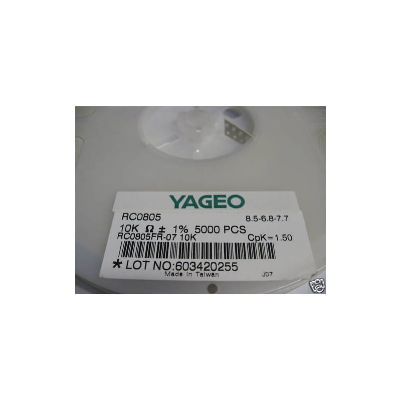 [200416533172] Bobine de 5 000 Résistances de Précision CMS / SMD 0,125 W (1/8 W) 10 kΩ (10K / 10 000 Ω) 1% Format 0805 – Yageo Série RC (RC0805FR-0710KL)
