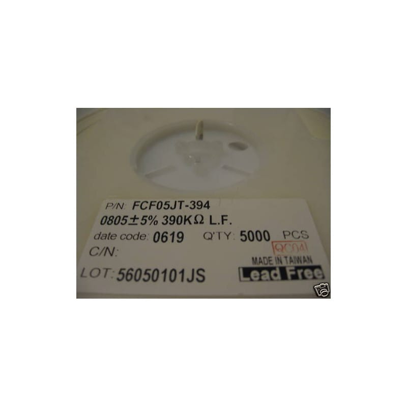 [190357301408] Bobine de 5 000 Résistances CMS / SMD 0,125 W (1/8 W) 390 kΩ (390K / Code 394) 5% Format 0805 – Série FCF (FCF05JT-394)