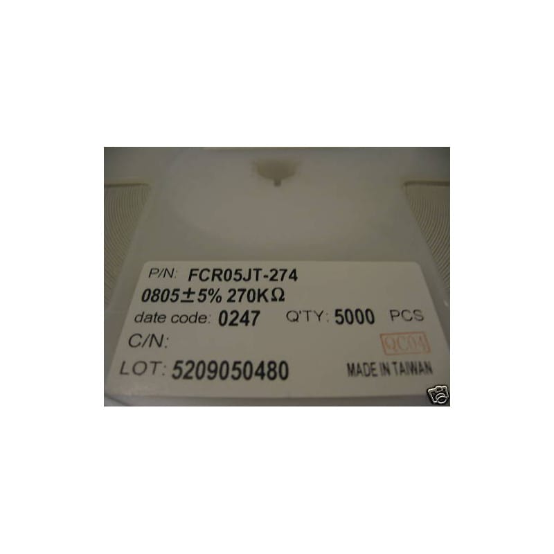 [200416933839] Bobine de 5 000 Résistances CMS / SMD 0,125 W (1/8 W) 270 kΩ (270K / Code 274) 5% Format 0805 – Yageo Série FCR (FCR05JT-274)