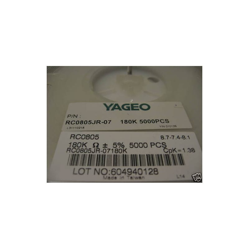 [190357300159] Bobine de 5 000 Résistances CMS / SMD 0,125 W (1/8 W) 180 kΩ (180K / Code 184) 5% Format 0805 – Yageo Série RC (RC0805JR-07180KL)