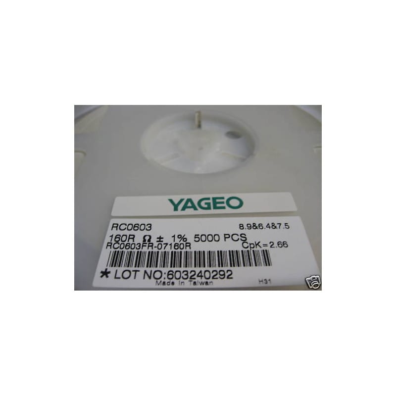 [190357071864] Bobine de 5 000 Résistances de Précision CMS / SMD 0,10 W (1/10 W) 160 Ω (160R / Code 1600) 1% Format 0603 – Yageo Série RC (RC0603FR-07160RL)