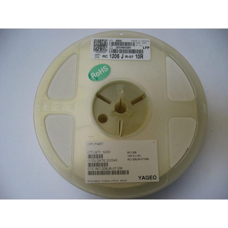 [190574807034] Bobine de 5 000 Résistances CMS / SMD 0,25 W (1/4 W) 10 Ω (10R / Code 100) 5% Format 1206 – Yageo Série RC (RC1206JR-0710RL)