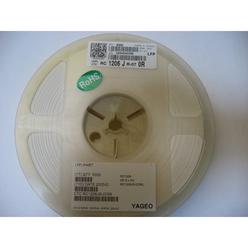 Bobine de 5 000 Résistances / Straps CMS / SMD 0 Ω (0R / Code 0 / Jumper) Format 1206 – Yageo Série RC (RC1206JR-070RL)