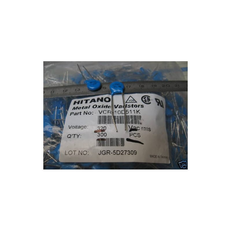 Lot de 5 Varistances à Oxyde Métallique (VDR / MOV) 320 VAC / 415 VDC – Hitano Série VCR (Référence VCR10D511K / Marquage 10D511K) – Disque Ø 11 mm – Pas 7,5 mm
