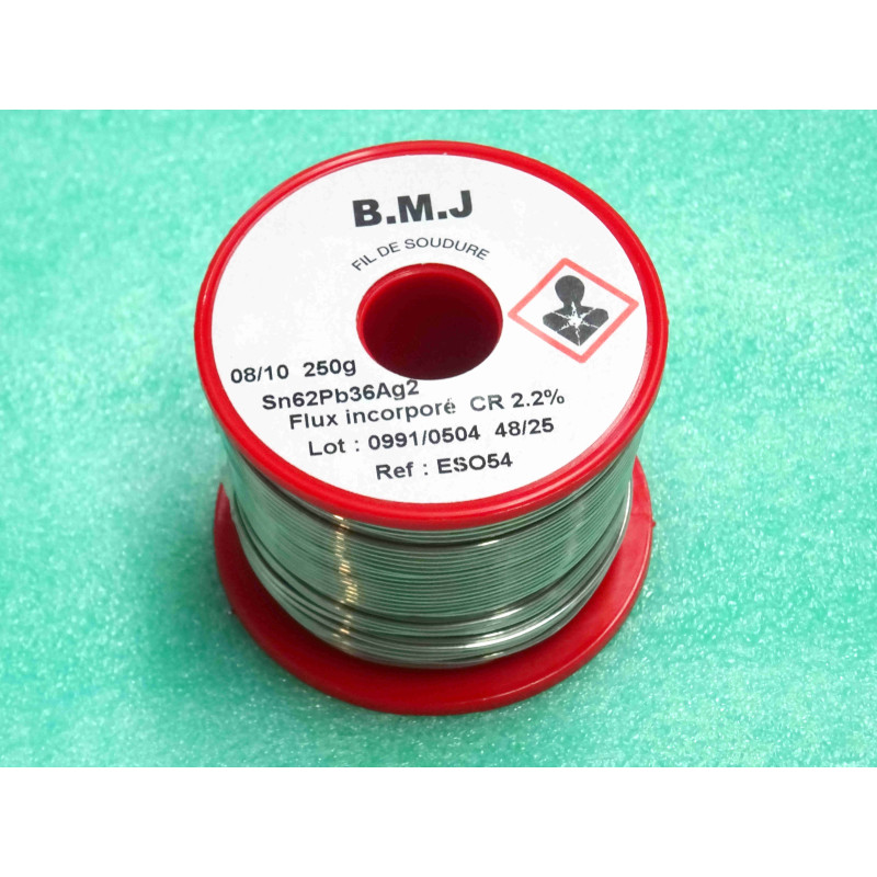 [ESO54] Bobine de Fil de Soudure Haute Précision BMJ Référence ESO54 – Alliage Étain-Plomb-Argent Sn62 Pb36 Ag2 (Diamètre Ø 0,8 mm / 8/10 – 250 g) – Âme de Flux Incorporé Type CR (2,2 %)