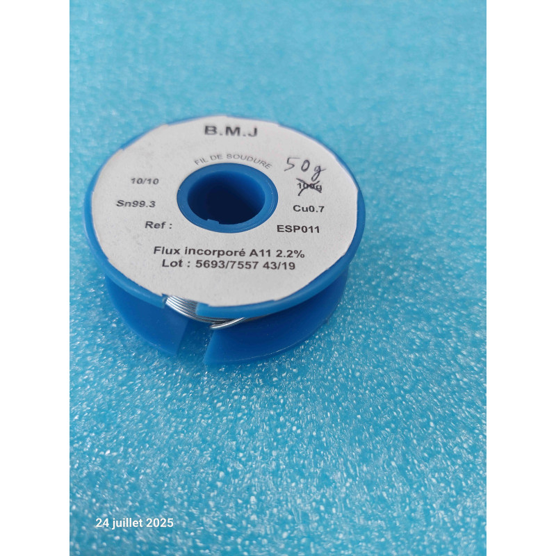 [ESP011] Bobine de Fil de Soudure Sans Plomb 50 g – BMJ Référence ESP011 – Alliage Étain-Cuivre Sn99,3 Cu0,7 (Diamètre Ø 1,0 mm / 10/10) – Flux Décapant Intégré Âme Résineuse A11 (2,2%)