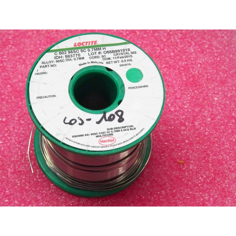 [96SC-0.-1] Bobine de Fil de Soudure Sans Plomb Multicore (Loctite / Henkel) – Alliage 96SC (SAC387 / Sn95,5 Ag3,8 Cu0,7) – Diamètre Fin Ø 0,7 mm (7/10) – 5 Âmes de Flux Décapant C502 (No Clean) – Poids Initial 250 g (Bobine Entamée)