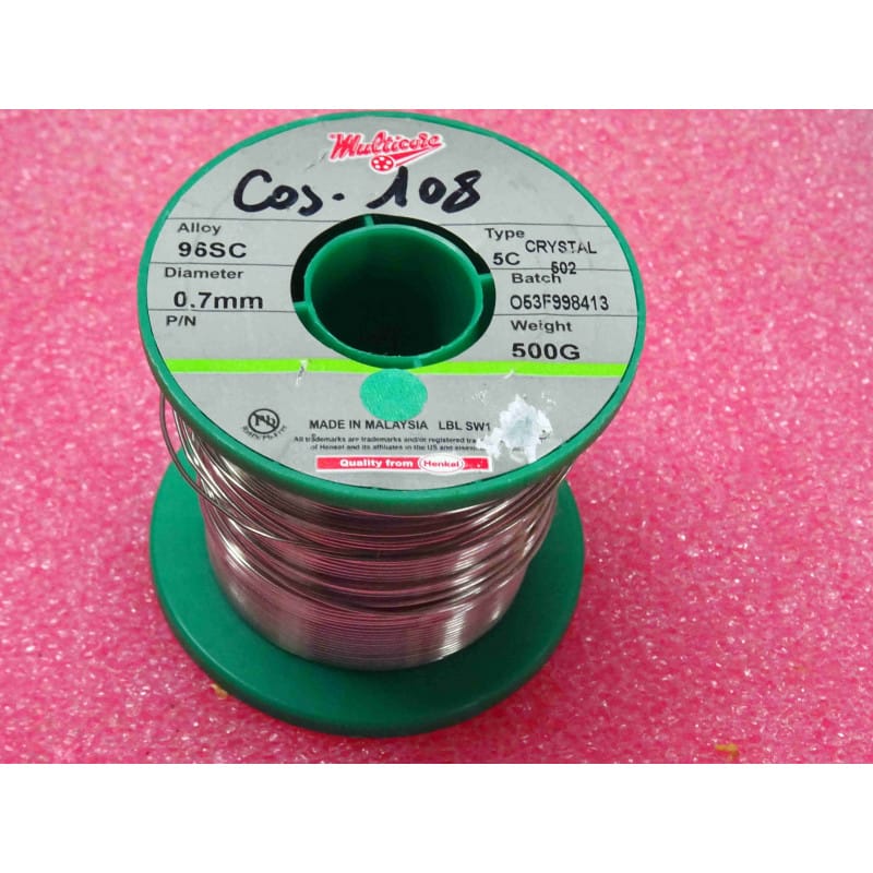 [96SC-0.7] Bobine de Fil de Soudure Sans Plomb Multicore (Henkel / Loctite) – Alliage 96SC (SAC387 / Sn95,5 Ag3,8 Cu0,7) – Diamètre Fin Ø 0,7 mm (7/10) – 5 Âmes de Flux Décapant C502 (No Clean) – Poids Restant / Entamé 190 g