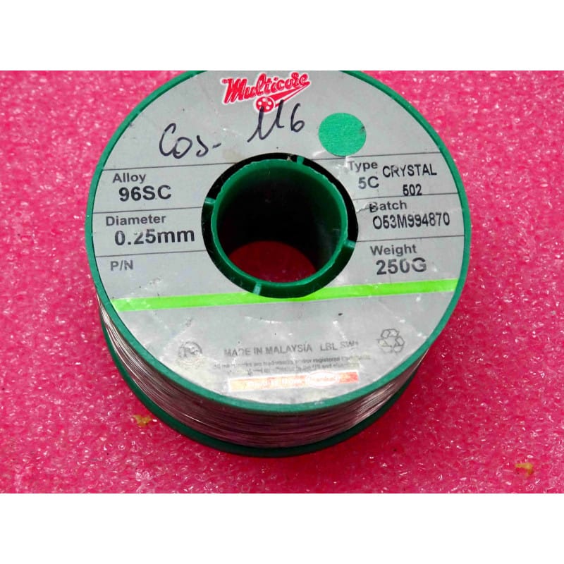 [96SC-0.25-5] Bobine de Fil de Soudure Sans Plomb Ultra-Fin Multicore (Henkel / Loctite) – Alliage 96SC (SAC387 / Sn95,5 Ag3,8 Cu0,7) – Diamètre Micro-Précision Ø 0,25 mm – 5 Âmes de Flux Décapant Crystal 502 (No Clean) – Bobine Complète 250 g