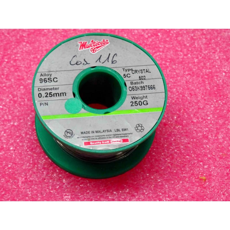 [96SC-5] Bobine de Fil de Soudure Sans Plomb (RoHS) Entamée Henkel Multicore – Alliage 96SC (SAC387 / Sn95.5 Ag3.8 Cu0.7) – Micro-Calibre Ø 0,25 mm (33 SWG) – Poids Restant ~80 g – Âme 5 Canaux Décapant C502 (5C)