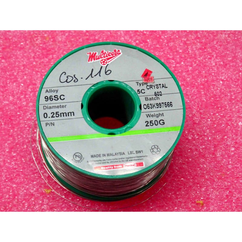 [96SC-0.25-3] Bobine de Fil de Soudure Sans Plomb (RoHS) Entamée Henkel Multicore – Alliage 96SC (SAC387 / Sn95.5 Ag3.8 Cu0.7) – Micro-Calibre Ø 0,25 mm (33 SWG) – Poids Restant ~240 g – Âme 5 Canaux Décapant C502 (5C)