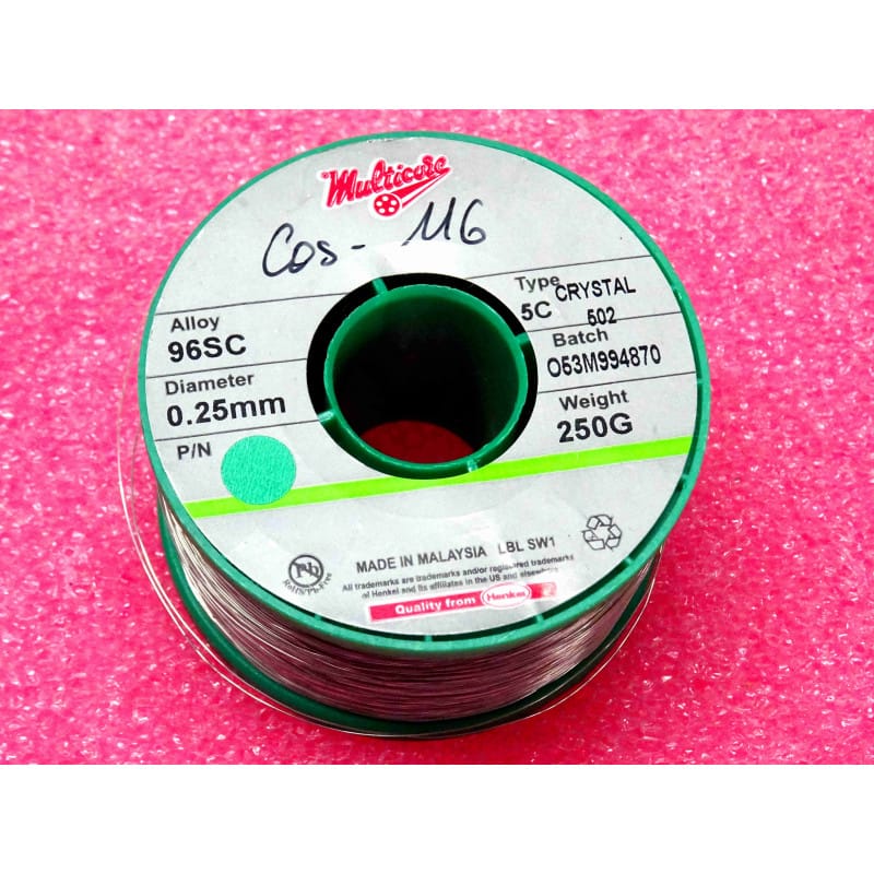 [96SC-0.25-2] Bobine de Fil de Soudure Sans Plomb (RoHS) Entamée Henkel Multicore – Alliage 96SC (SAC387 / Sn95.5 Ag3.8 Cu0.7) – Micro-Calibre Ø 0,25 mm (33 SWG) – Poids Restant ~230 g – Âme 5 Canaux Décapant C502 (5C)