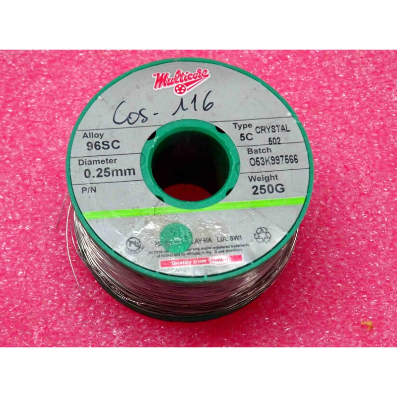 [96SC-0.25-1] Bobine de Fil de Soudure Sans Plomb (RoHS) Entamée Henkel Multicore – Alliage 96SC (SAC387 / Sn95.5 Ag3.8 Cu0.7) – Micro-Calibre Ø 0,25 mm (33 SWG) – Poids Restant ~220 g – Âme 5 Canaux Décapant C502