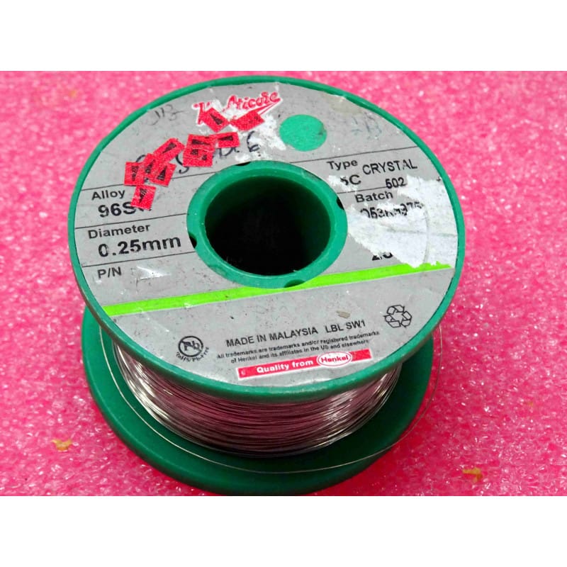 [96SC-0.25] Bobine de Fil de Soudure Sans Plomb (RoHS) Entamée Henkel Multicore – Alliage 96SC (SAC387 / Sn95.5 Ag3.8 Cu0.7) – Micro-Calibre Ø 0,25 mm (33 SWG) – Poids Restant ~120 g – Âme 5 Canaux Décapant C502