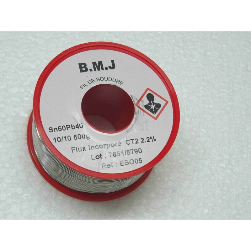 [ESO05] Bobine de Fil de Soudure Professionnel 500 g d'Origine BMJ – Alliage Étain / Plomb (Sn60 Pb40 / 60/40) – Diamètre Ø 1,0 mm (10/10 mm) – Âme Décapante Incorporée Type ESO 05 (Flux CT 2,2 %)