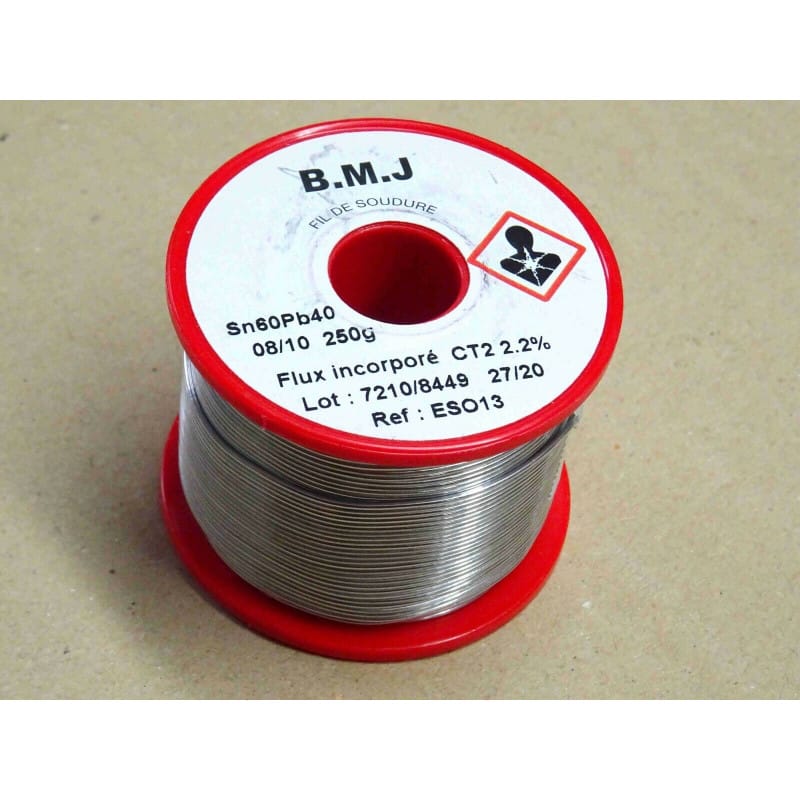 [ESO13] Bobine de Fil de Soudure Professionnel 250 g d'Origine BMJ – Alliage Étain / Plomb (Sn60 Pb40 / 60/40) – Diamètre Universel Ø 0,8 mm (8/10 mm) – Âme Décapante Incorporée Type ESO 13