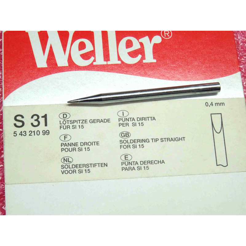 [T0054321099] Panne de Fer à Souder Droite Conique Fine Ø 0,4 mm d'Origine Weller – Référence S31 / S 31 (Codes Commande Weller T0054321000 / T0054321099 / 0054321000 / 0054321099 / 54321099) – Profil Pointe Conique Droite 0,4 mm Longue Durée – Pour Fers & Stations Weller SI 15, WHS 40 & WHS 40D