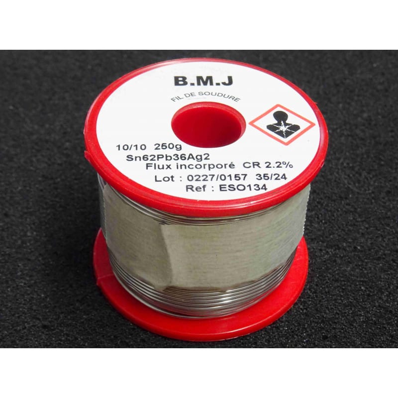 [ESO134] Bobine de Fil de Soudure Haute Qualité 250 g d'Origine BMJ – Alliage Eutectique à l'Argent (Sn62 Pb36 Ag2 / 62/36/2) – Diamètre Ø 1,0 mm (10/10 mm) – Âme Décapante Incorporée Type ESO 134 (Flux CR 2,2 %)