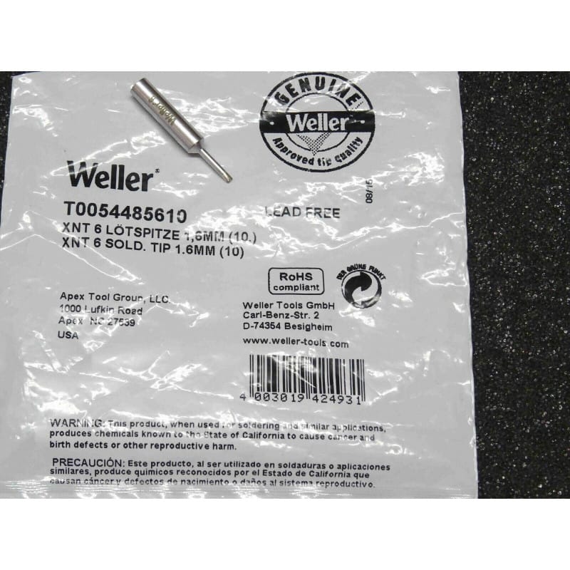 [194162157678] Panne de Fer à Souder Burin Fin 1,6 mm d'Origine Weller – Série XNT Line – Référence XNT 6 (XNT6) – Code Commande T0054485610 (T0054485699 / 0054485610 / 54485610) – Profil Burin / Tournevis Plat 1,6 mm × Épaisseur 0,4 mm