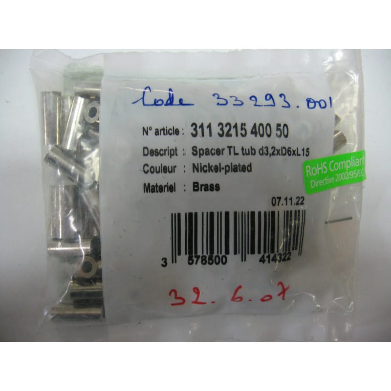 Lot de 50 Entretoises Rondes Lisses Laiton Nickelé 3.2 x 6 x 15 mm Skiffy – Référence 311 3215 400 50