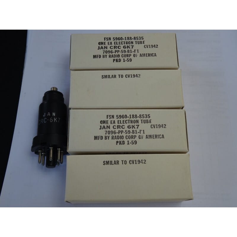 Lot de 4 Tubes Électroniques Pentodes RCA JAN CRC-6K7 – Militaire USA, Neufs en Boîtes