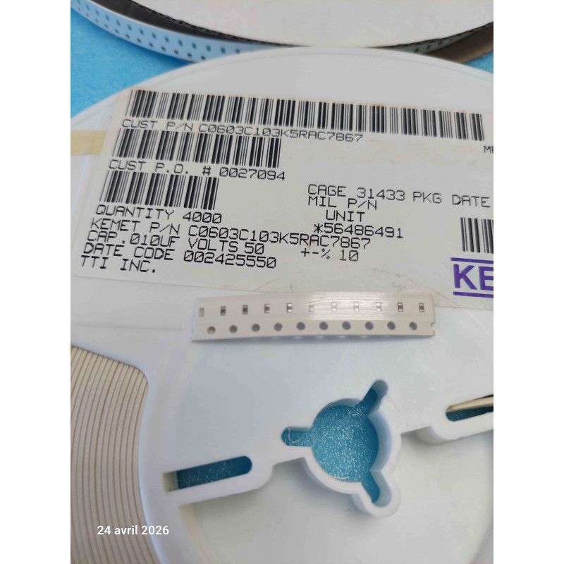 [C0603C103K5RAC7867] Lot de 25 Condensateurs CMS Céramique 0603 – 10 nF (10 000 pF), 50 V, Diélectrique X7R, Kemet C0603C103K5RAC7867