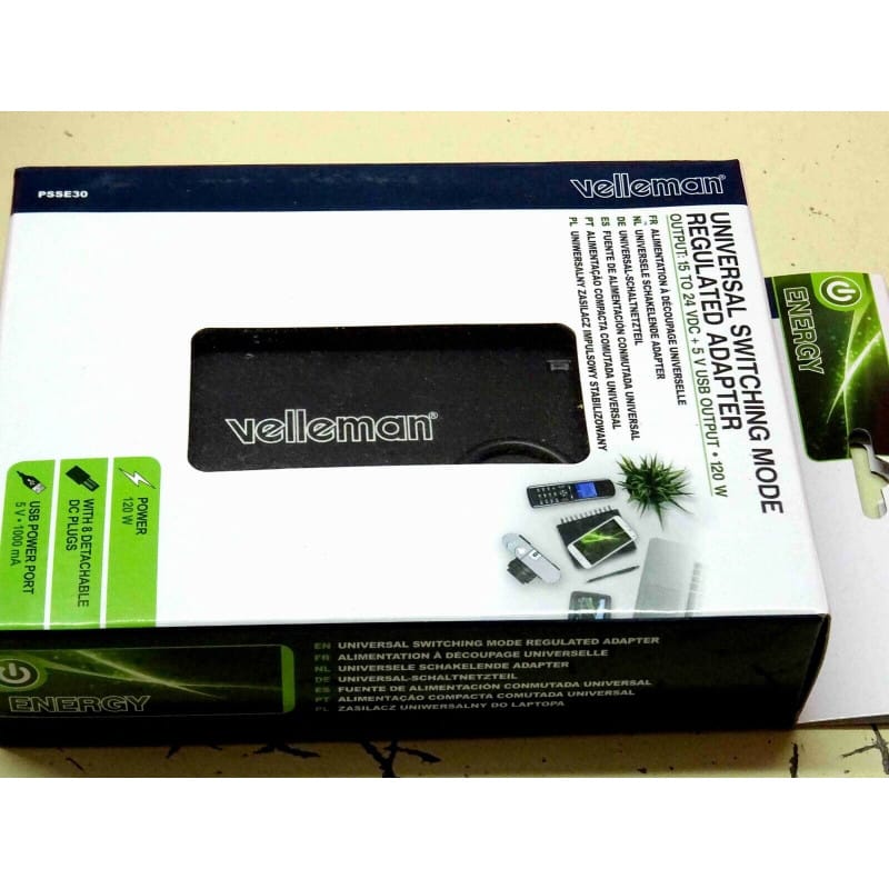 Alimentation Universelle Velleman PSSE30 - 120W - 15V à 24V + USB 5V - Kit 8 Embouts
